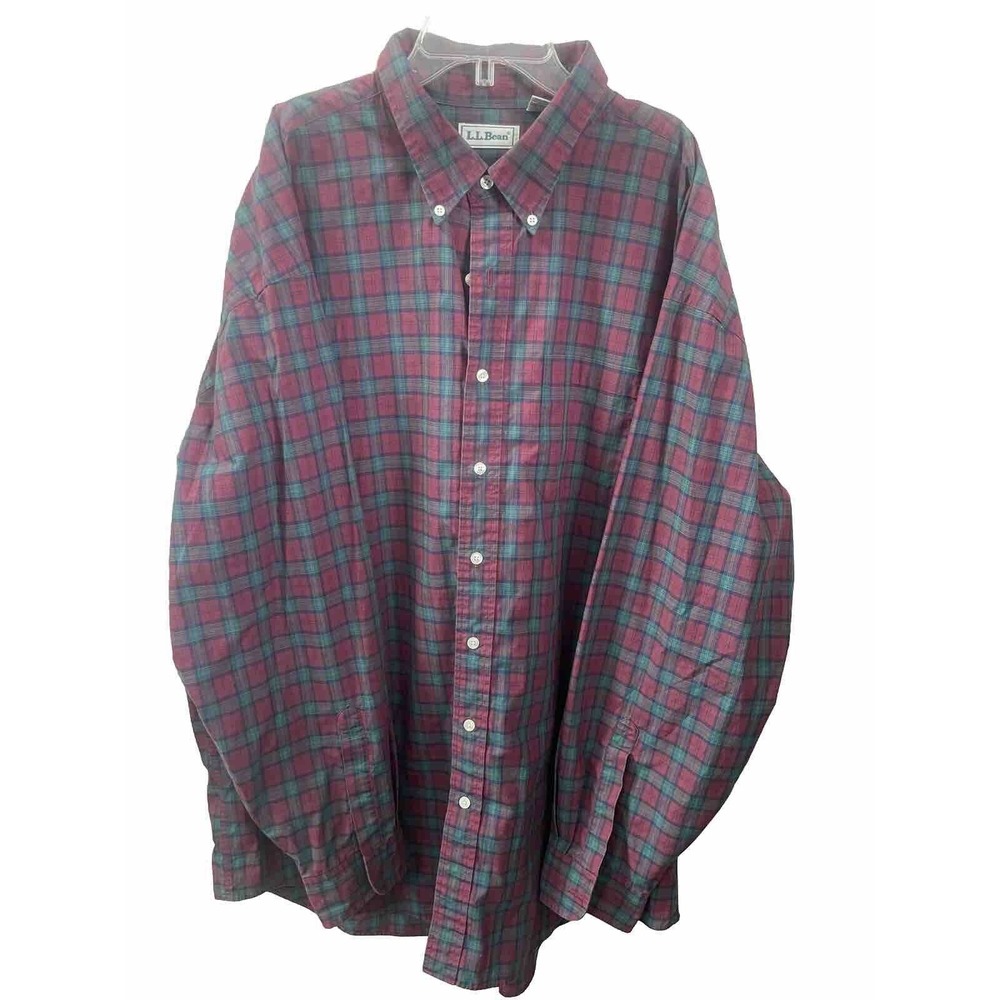 LL Bean Shirt Men's XXL Tall Burgundy Green‎ Poly Cotton 1 Pocket Long Sleeve